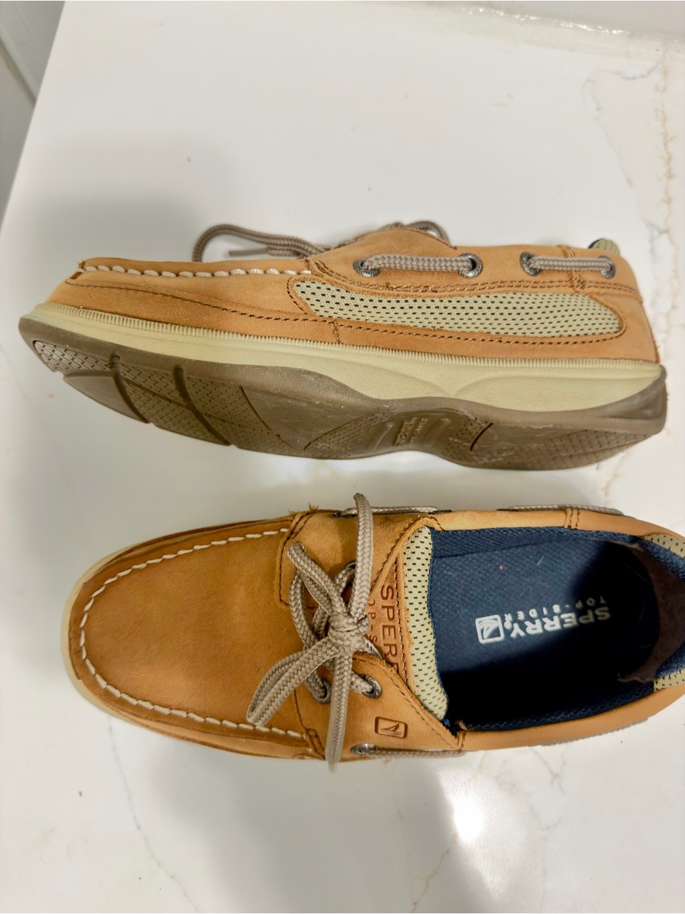 Sperry Kids Tan Leather Boat Shoes with Navy Lining